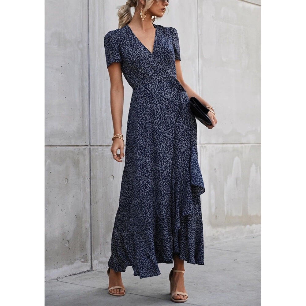 PRETTYGARDEN Women Summer Wrap Maxi Dress Casual Boho V Neck Short SLEEVE Blue